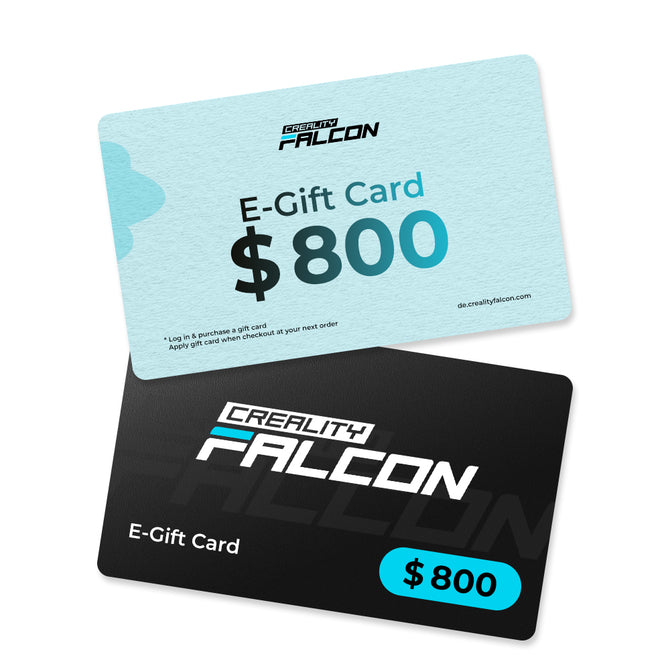 Two CrealityFalcon Gift Cards are shown, each worth $800—one in light blue and one in black—with the CrealityFalcon logo and bold lettering.