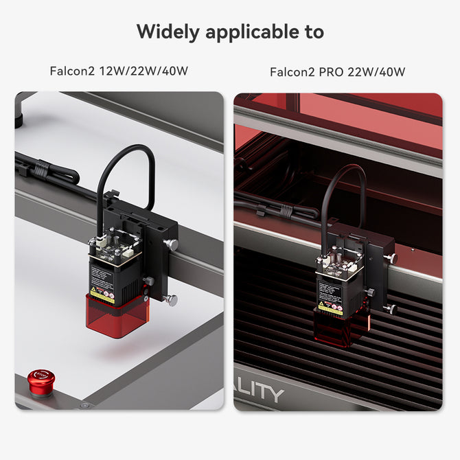 Two images comparing Falcon2 (12W, 22W, 40W) and the smoke-purifying Falcon PRO (22W, 40W). Both are modern, compact laser engravers by Creality Falcon designed for system compatibility. Model options include the detailed-focused 1.6W for intricate projects.