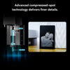 Close-up of Creality Falcon Laser Module 1.6W shows "Advanced compressed-spot technology delivers finer details." Compatible machines purify smoke for a cleaner workspace, with an engraved photo frame depicting two people embracing beside it.