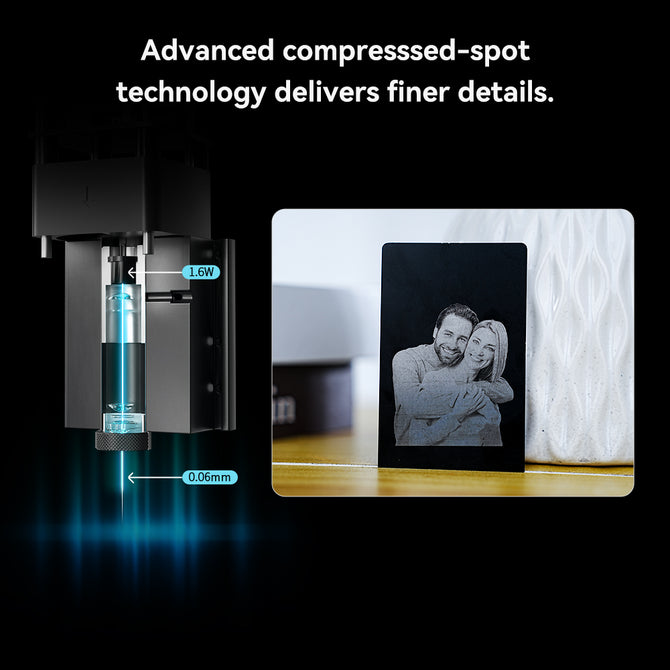 Close-up of Creality Falcon Laser Module 1.6W shows "Advanced compressed-spot technology delivers finer details." Compatible machines purify smoke for a cleaner workspace, with an engraved photo frame depicting two people embracing beside it.