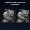 A comparison image of two detailed black-and-white cat illustrations reads, "Finest spots achieve finest detail 0.06*0.06mm." The left image, using the Creality Falcon Laser Module 1.6W for More Detail Projects, appears more intricate than the right image, marked 0.08*0.08mm.