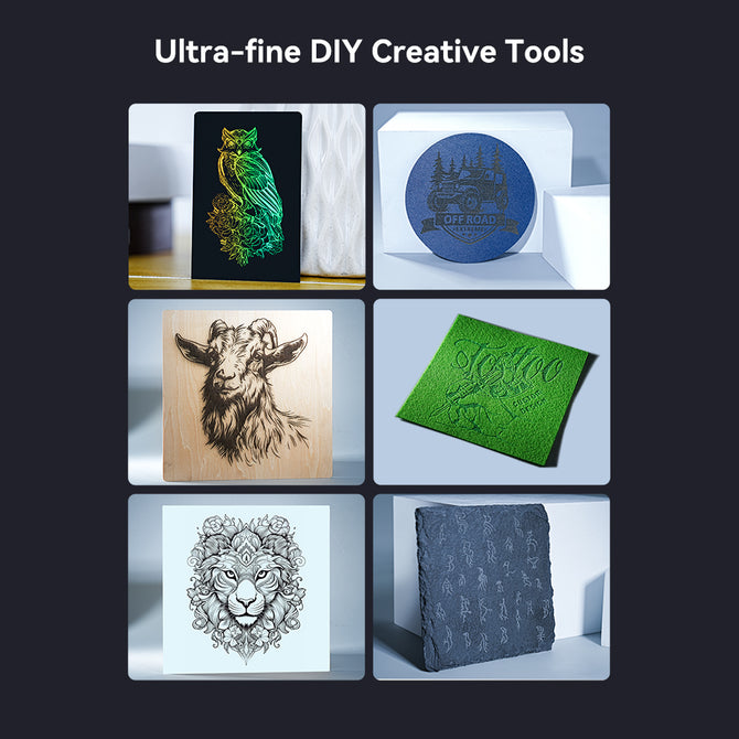 Elevate your DIY projects with the Creality Falcon Laser Module 1.6W, ideal for creating ultra-fine engravings of animal designs like owl, falcon, goat, lion, and off-road vehicles on wood and stone.
