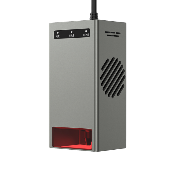The Creality Falcon Laser Module 40W for Falcon2 Laser Engravers features a metallic rectangular build, vented side, "AIR," "FIRE," and "LENS" buttons, red transparent bottom front, and is suspended by a black cable for ultra-fast engraving.
