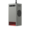 The Creality Falcon Laser Module 40W for Falcon2 Laser Engravers features a metallic rectangular build, vented side, "AIR," "FIRE," and "LENS" buttons, red transparent bottom front, and is suspended by a black cable for ultra-fast engraving.