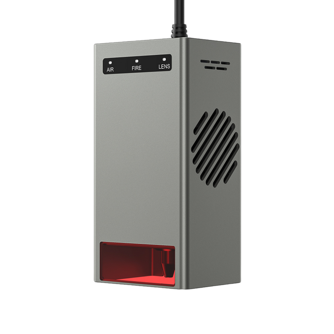 The Creality Falcon Laser Module 40W for Falcon2 Laser Engravers features a metallic rectangular build, vented side, "AIR," "FIRE," and "LENS" buttons, red transparent bottom front, and is suspended by a black cable for ultra-fast engraving.