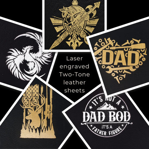 Creality Falcon's black leather repair patches are ideal for DIY projects, featuring two-tone laser-engraved designs: a stylized bird, a deer with antlers and trees, a knight emblem, and two humorous “DAD” texts about fatherhood. Pack includes 4 self-adhesive 10x12" sheets for engraving and cutting.