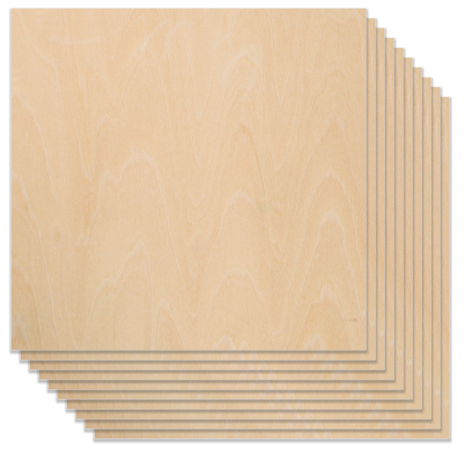 Ten thin, rectangular sheets from the Creality Falcon Crafting Package are arranged in a vertical stack, showcasing their light, natural wood grain texture. Ideal for DIY projects, these slightly staggered basswood plywood sheets reveal their layered edges.