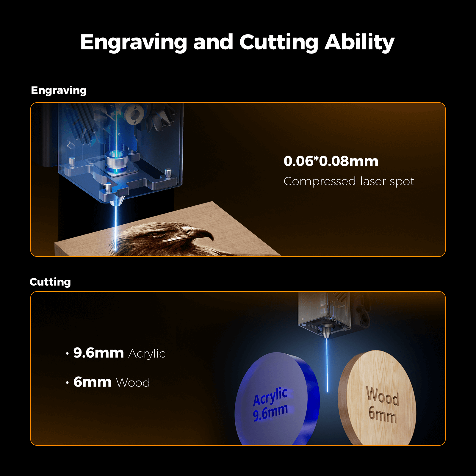 A screenshot of a computer displaying settings for the Creality Falcon A1 10W Enclosed Diode Laser Engraver with automatic focusing, plus a free test kit.