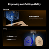 An infographic displays the Creality Falcon Falcon A1 10W Enclosed Diode Laser Engraver: the top shows its 0.06×0.08mm laser spot and Auto Materials Recognition; the bottom shows it cutting 9.6mm acrylic and 6mm wood.