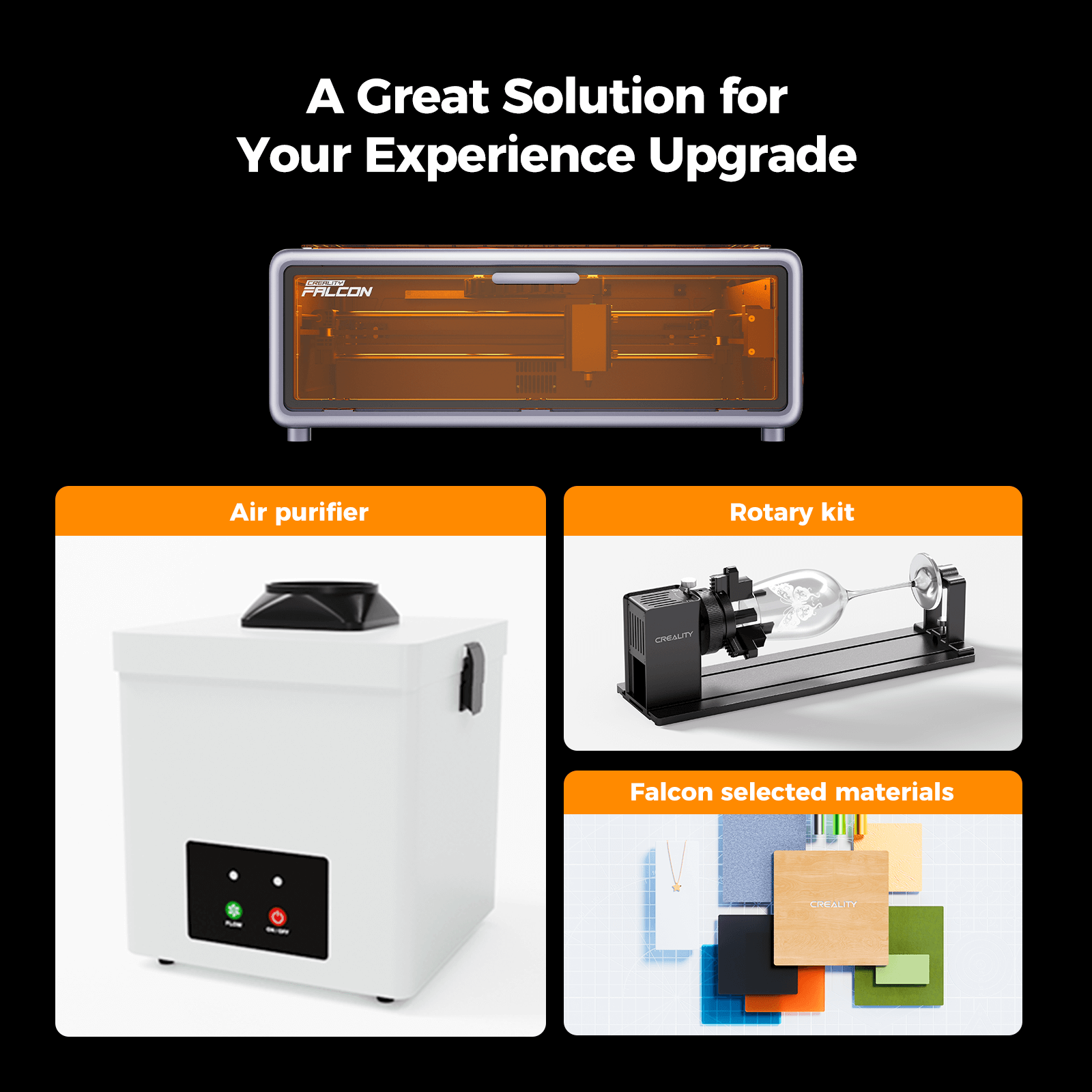 A promotional graphic features the Creality Falcon Falcon A1 10W Enclosed Laser Engraver and Cutter, air purifier, rotary kit, and colorful materials—"A Great Solution for Your Experience Upgrade. Auto Materials Recognition for seamless use.