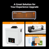 Four images: the large orange Creality Falcon A1 10W Enclosed Diode Laser Engraver with "A Great Solution for Your Experience Upgrade," an air purifier, rotary kit, and Falcon material samples featuring Auto Materials Recognition.
