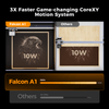 A comparison graphic shows the Creality Falcon Falcon A1 10W Enclosed Diode Laser Engraver engraving an eagle image much faster than another machine. With Auto Materials Recognition and a 56-minute finish, it leads in speed and ease.