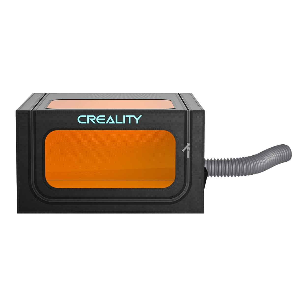 The black Creality Falcon Protection Enclosure Pro for Falcon Laser Engravers features smokeproof, dustproof design, a large orange-tinted dual-view window, visible side vent with flexible gray hose, and an illuminated CREALITY logo on the front.