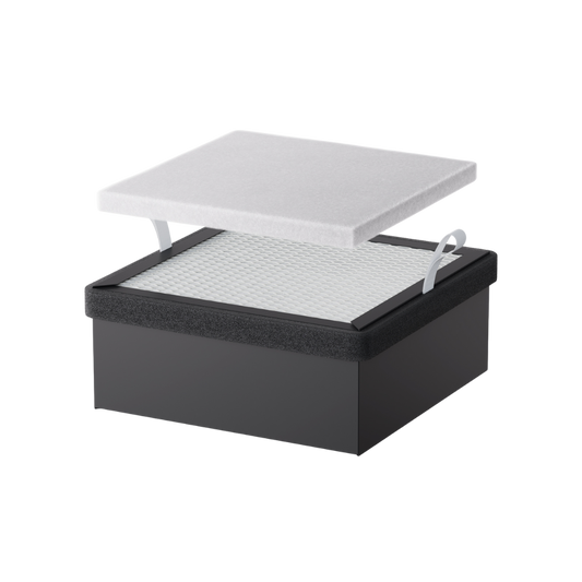 A black rectangular box with a removable white lid, featuring a grid-like surface and two pull tabs, shows the Creality Falcon Replacement Filter for Falcon A1 Air Purifier. 1000