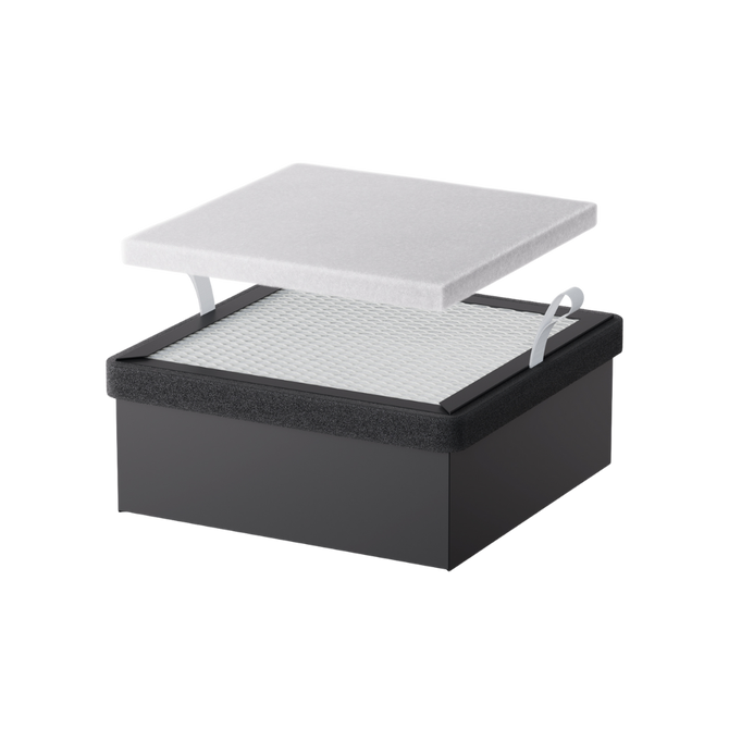 A black rectangular box with a removable white lid, featuring a grid-like surface and two pull tabs, shows the Creality Falcon Replacement Filter for Falcon A1 Air Purifier.