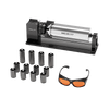 The Rotary Kit Pro Package for Creality Falcon A1 by CrealityFalcon features a metal cylindrical device on a CREALITY-branded black stand, ten metal sleeves, and orange safety glasses, all displayed in an image-frame with rounded borders.