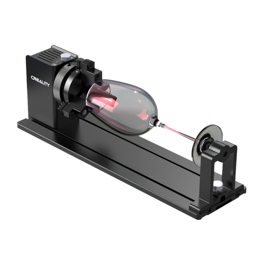 The Creality Falcon Rotary Kit Pro for Curved Surface Engraving, in black, uses adjustable jaws to hold a goblet-shaped object horizontally between two fixtures on a metal base. 1600