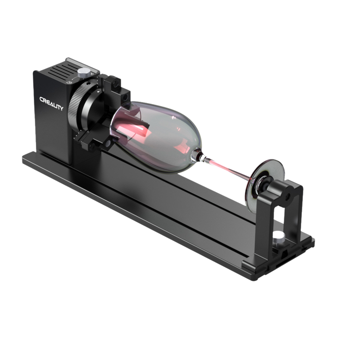 The Creality Falcon Rotary Kit Pro for Curved Surface Engraving, in black, uses adjustable jaws to hold a goblet-shaped object horizontally between two fixtures on a metal base.
