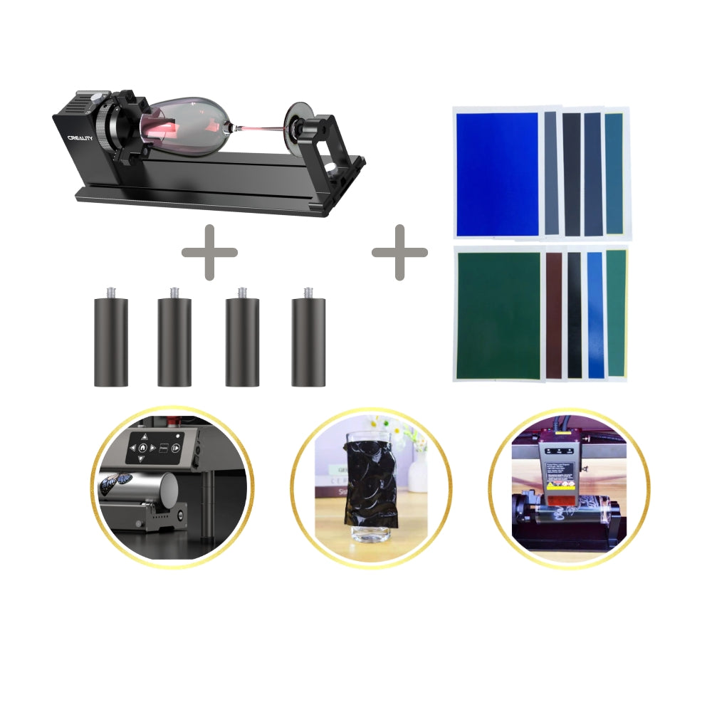 Image of the Creality Falcon Rotary Kit Pro showcasing adjustable jaws, four black cylindrical molds, a set of colorful transfer sheets, and a demonstration of precisely applying custom designs with ease for curved surface engraving.