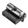 The Creality Falcon Rotary Roller for Laser Engraving Machine, featuring adjustable width, is engraving a blue and black butterfly design onto a cylindrical metal tumbler, suitable for tumblers or bottles of various diameters.