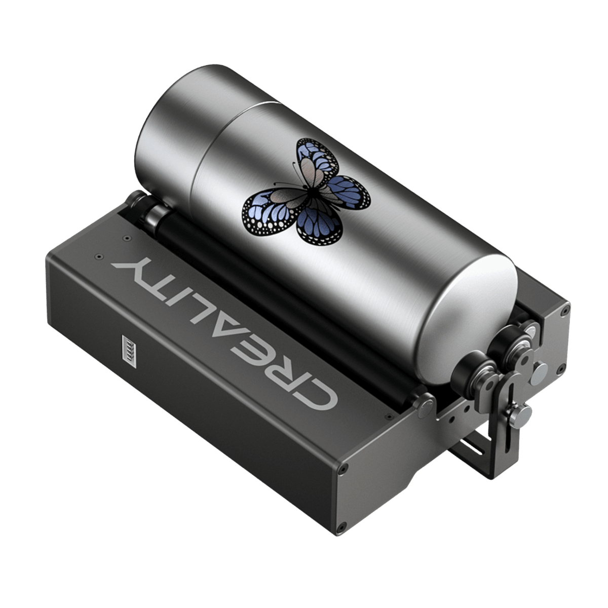 The Creality Falcon Rotary Roller for Laser Engraving Machine, featuring adjustable width, is engraving a blue and black butterfly design onto a cylindrical metal tumbler, suitable for tumblers or bottles of various diameters.