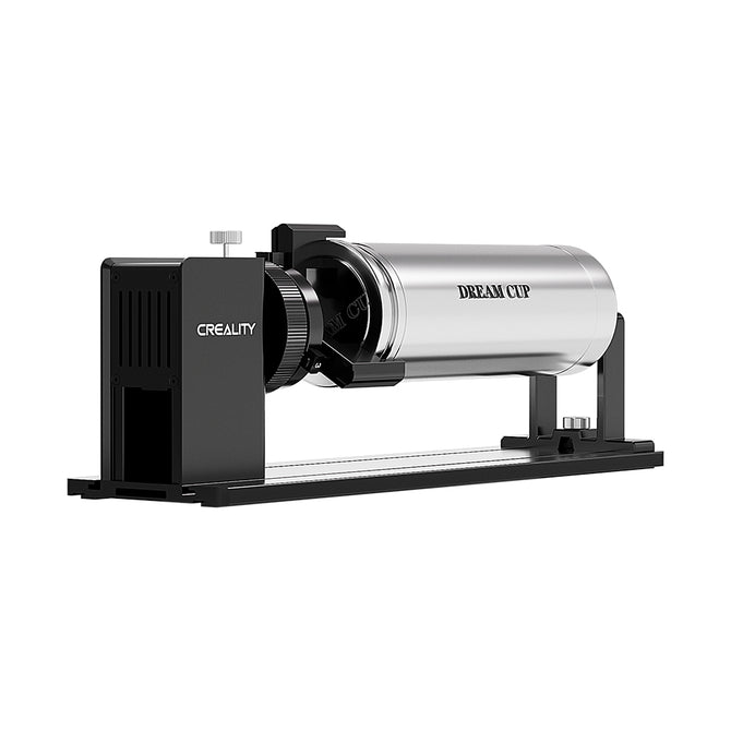 A sleek cylindrical Rotary Kit Pro Package for Creality Falcon A1 by CrealityFalcon sits on a black base, featuring smooth border-radius details and left-side branding—designed as a rotational 3D printer attachment.