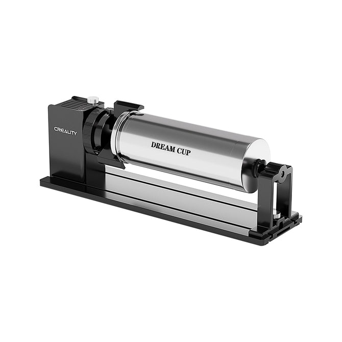The CrealityFalcon Rotary Kit Pro Package for Creality Falcon A1 features a black and silver tool with a stainless steel "DREAM CUP" on a sleek black base, beautifully framed and isolated on a white background.