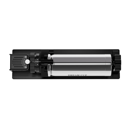 Top-down view of the Creality Falcon Rotary Kit Pro Package, a compact silver and black cylindrical accessory with a handle and small compartment, designed for use with the Creality Falcon A1 and mounted on a black base.