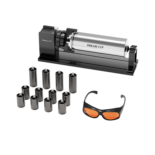 The CrealityFalcon Rotary Kit Pro Package for the Creality Falcon A1 features metal rotary attachments, multiple small cylinders, orange safety glasses, and a black base, all displayed on a white background. 1000