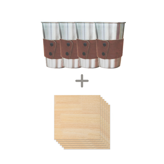 500ML Stainless Steel Cups with Leather Covers 4-Pack + Rubberwood Spliced Plywood 6 pcs 1200
