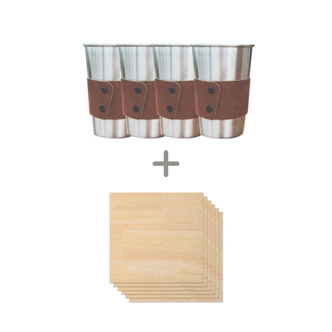 500ML Stainless Steel Cups with Leather Covers 4-Pack + Rubberwood Spliced Plywood 6 pcs