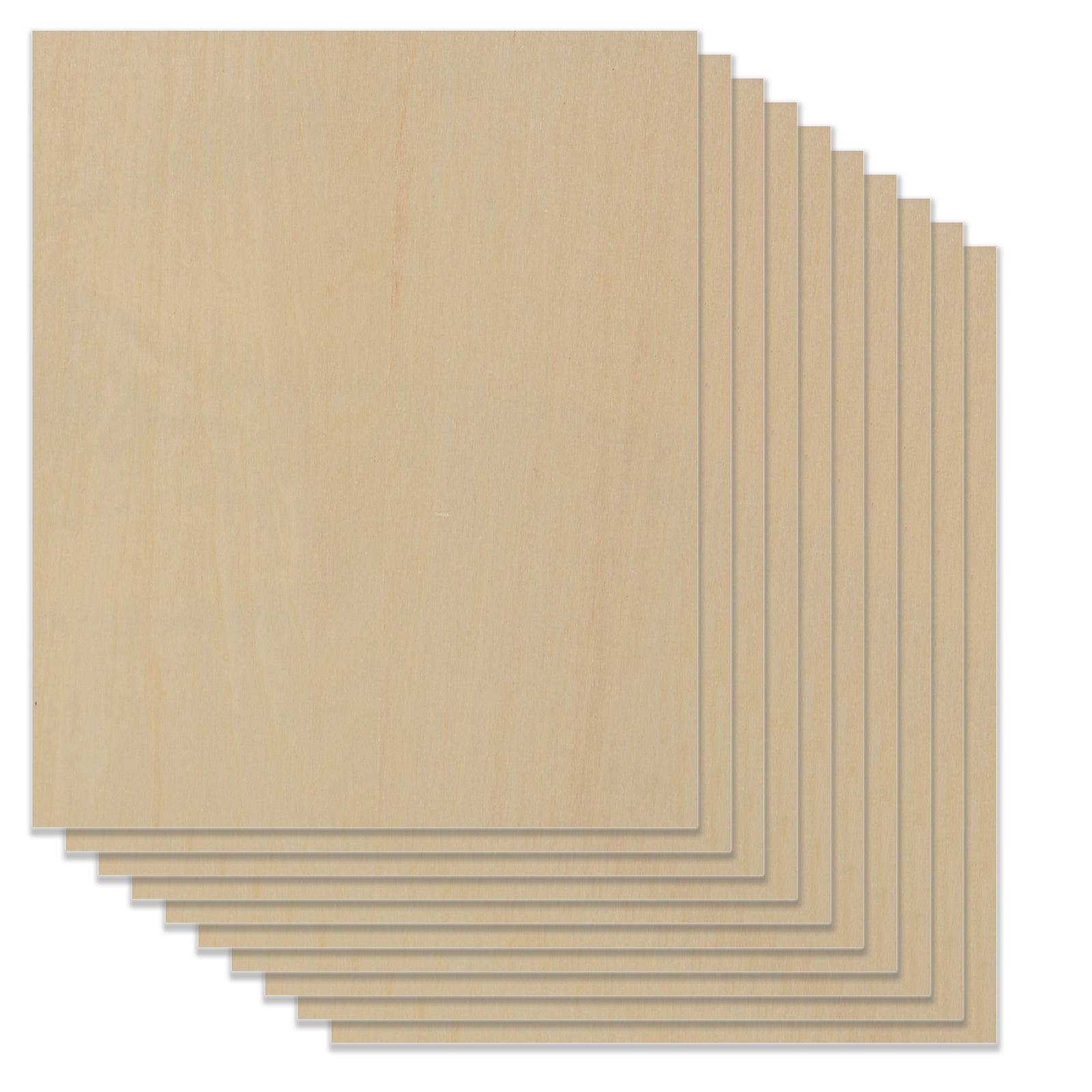 A slightly fanned-out arrangement on a white background displays a stack of ten thin, rectangular boards from Creality Falcon's Crafting Package. These Natural Basswood boards, featuring a smooth and pale surface, are perfect for any DIY projects.