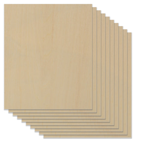 A slightly fanned-out arrangement on a white background displays a stack of ten thin, rectangular boards from Creality Falcon's Crafting Package. These Natural Basswood boards, featuring a smooth and pale surface, are perfect for any DIY projects.
