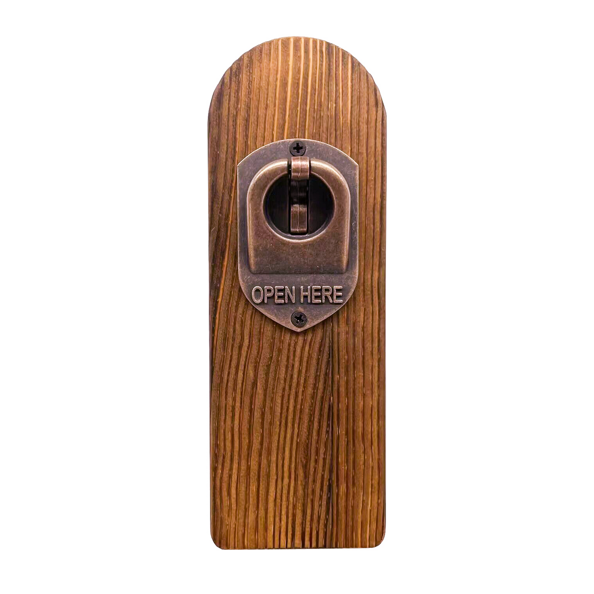 A wall-mounted bottle opener from Creality Falcon, the Vintage Wooden Bottle Opener with Catcher for Laser Engraving, enhances rustic charm. Its metal opener is engraved with "OPEN HERE," combining functionality and decoration—perfect as a unique gift.