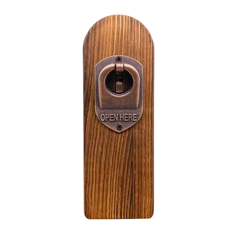 A wall-mounted bottle opener from Creality Falcon, the Vintage Wooden Bottle Opener with Catcher for Laser Engraving, enhances rustic charm. Its metal opener is engraved with "OPEN HERE," combining functionality and decoration—perfect as a unique gift.