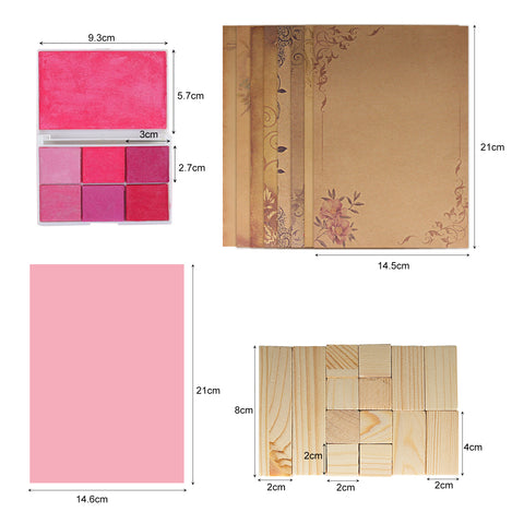 The collage showcases a pink makeup palette (top left), a floral notebook (top right), a pink rectangle for DIY projects with rubber sheets (bottom left), and precision-crafted wooden blocks, possibly using laser engraving, from the Creality Falcon Wooden Rubber Stamp Set with 6-Color Ink Pad.