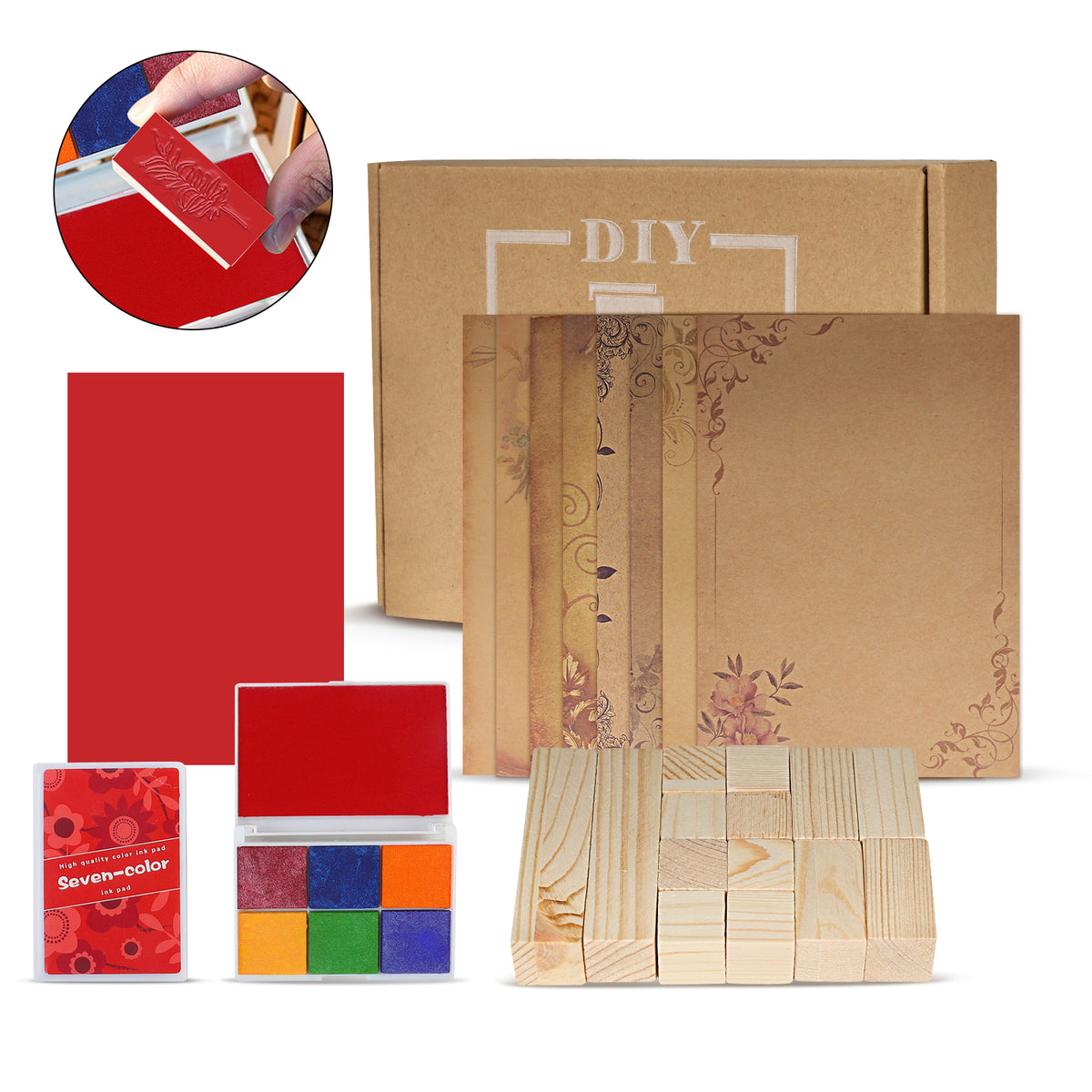 The Wooden Rubber Stamp Set by Creality Falcon includes a cardboard box, floral paper, red cardstock, 6-color ink pad, rubber sheets for making custom stamps, and wooden blocks. An inset shows using a stamp on the red ink pad—ideal for creating unique DIY rubber stamps.