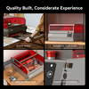 Collage of the Creality Falcon2 Pro 60W Enclosed Laser Cutter and Engraver, featuring a drawer design, suitability for small studios, air assist for improved performance, and offline creation support. Images show its red and black body with detailed close-ups.