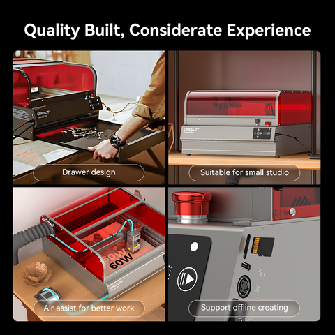 Collage of the Creality Falcon2 Pro 60W Enclosed Laser Cutter and Engraver, featuring a drawer design, suitability for small studios, air assist for improved performance, and offline creation support. Images show its red and black body with detailed close-ups.
