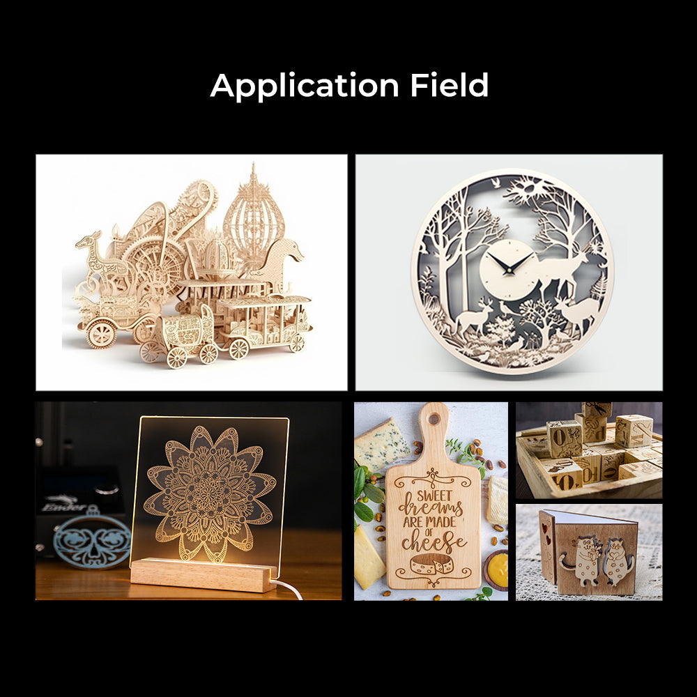 A collage showcases intricate woodwork crafts: a 3D carousel, forest-themed wall clock, mandala lamp, engraved laser-cut cheese board, and decorative boxes. At the top reads "Application Field" featuring the 235x235 Honeycomb Workbench for Falcon A1 by CrealityFalcon.