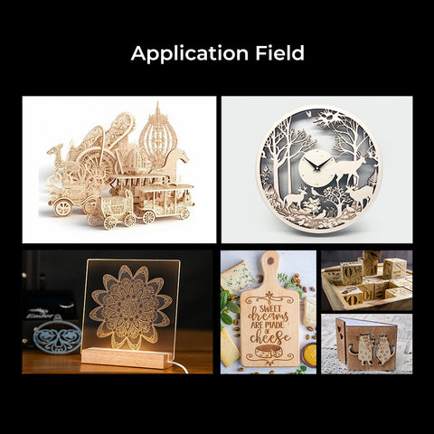 A collage showcases intricate woodwork crafts: a 3D carousel, forest-themed wall clock, mandala lamp, engraved laser-cut cheese board, and decorative boxes. At the top reads "Application Field" featuring the 235x235 Honeycomb Workbench for Falcon A1 by CrealityFalcon.