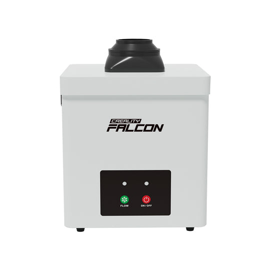 The CrealityFalcon Falcon Desktop Smoke Purifier for Falcon A1 is a white device with a black top vent, front panel with green "Flow" and red "On/Off" buttons, plus indicator lights. 1000