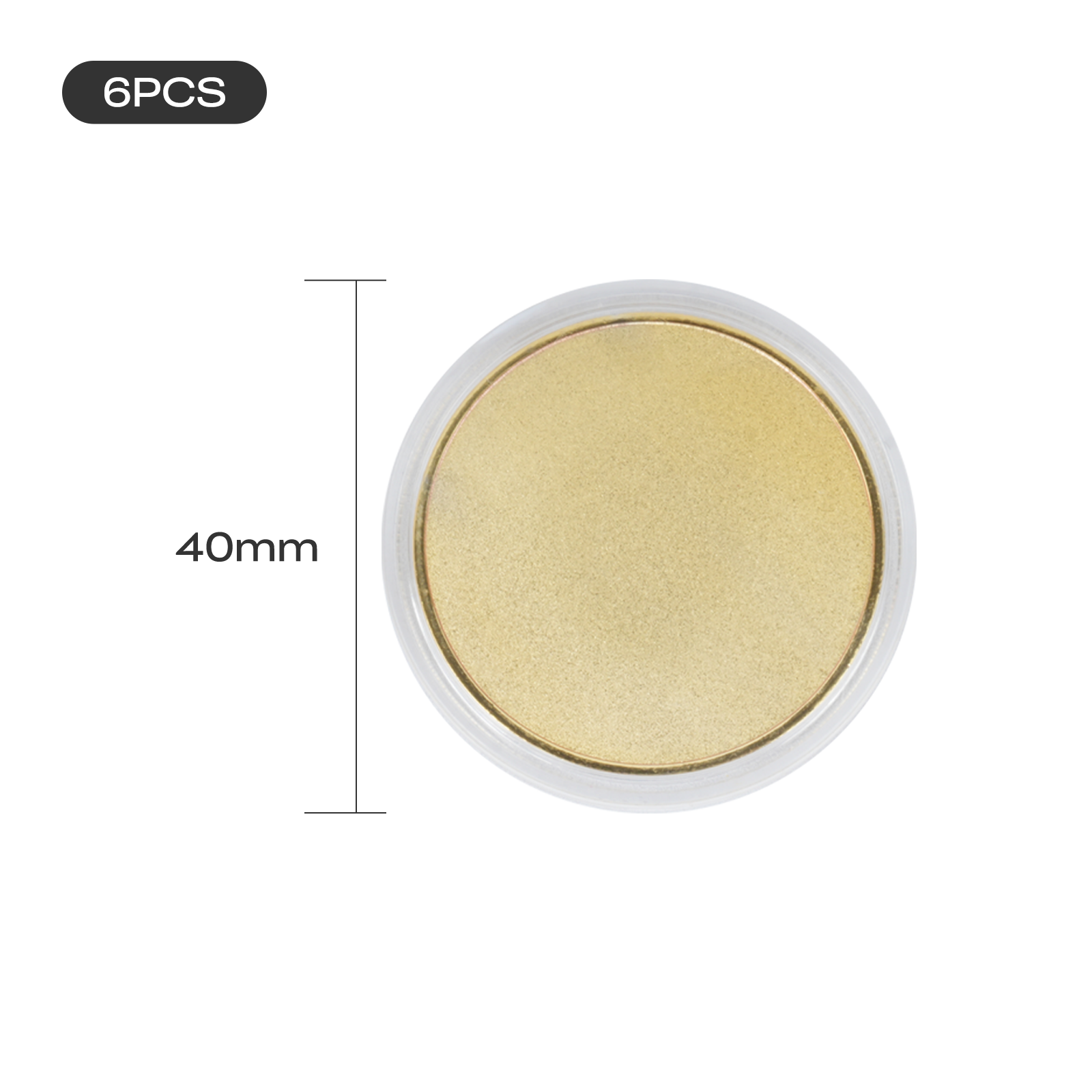 A set of 6 Creality Falcon 3-Color Blank Commemorative Coins for Laser Engraver is shown, featuring a round gold coin in a clear case next to a "40mm" label, with "6PCS" marked at the top left on a plain white background.