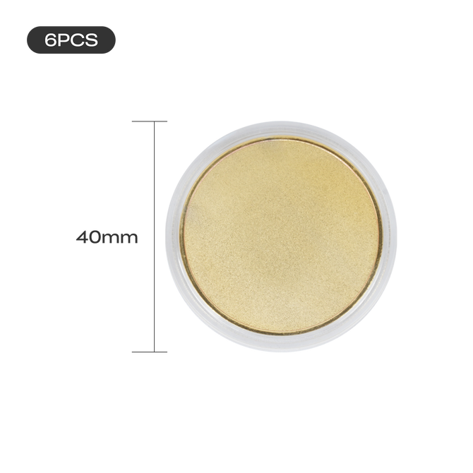 A set of 6 Creality Falcon 3-Color Blank Commemorative Coins for Laser Engraver is shown, featuring a round gold coin in a clear case next to a "40mm" label, with "6PCS" marked at the top left on a plain white background.