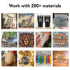 A collage showcases engraved animal portraits, drinkware, ornaments, and leather crafts—demonstrating the Creality Falcon Falcon CR 5W Diode Laser Engraver’s ultra-fine precision on 200+ materials.