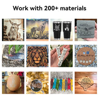 A collage showcases engraved animal portraits, drinkware, ornaments, and leather crafts—demonstrating the Creality Falcon Falcon CR 5W Diode Laser Engraver’s ultra-fine precision on 200+ materials.
