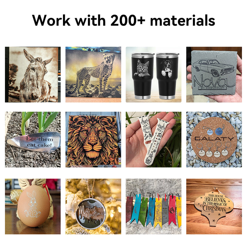 A collage showcases engraved animal portraits, drinkware, ornaments, and leather crafts—demonstrating the Creality Falcon Falcon CR 5W Diode Laser Engraver’s ultra-fine precision on 200+ materials.