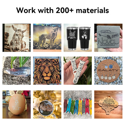 A collage showcasing various items created using the CR-Laser Falcon 5W Laser Engraver from CrealityFalcon. The ultra-fine engraving precision of the machine is evident in the animal portraits, personalized tumblers, etched stone, decorated signs, engraved kitchenware, personalized ornaments, and decorative wall art, illustrating diverse materials and designs.