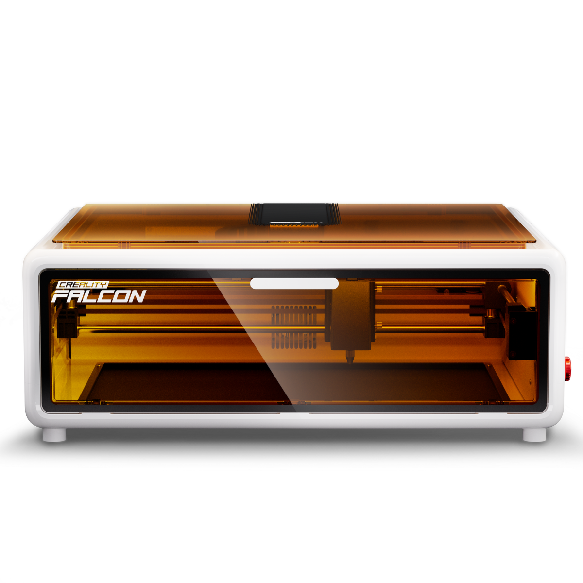 The Creality Falcon Falcon A1 Enclosed Laser Engraver and Cutter features a white frame, amber lid, visible mechanical parts, "FALCON" front label, CoreXY 600mm/s motion, and auto material recognition for precise, efficient engraving and cutting.