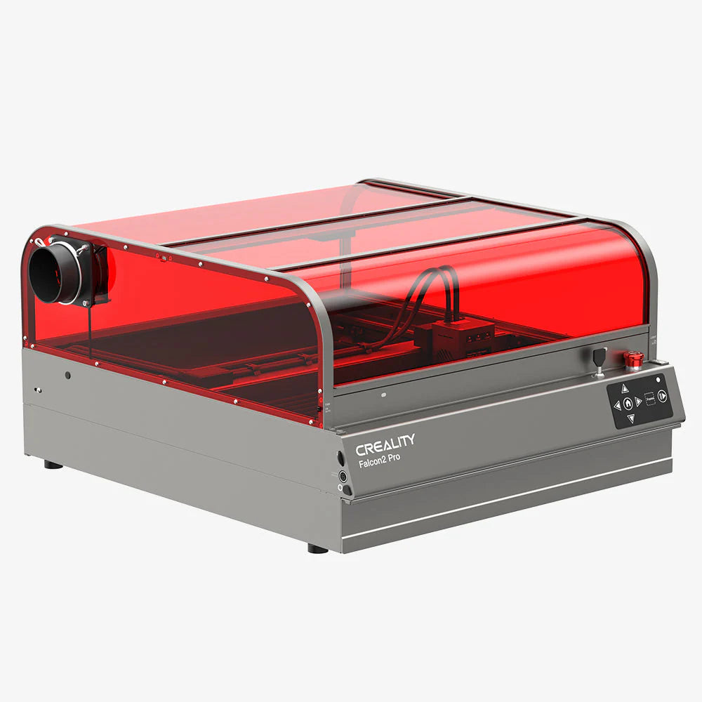 The Creality Falcon2 Pro 40W and 22W Enclosed Laser Engraver and Cutter features a sleek design with a red transparent cover, providing visual assistance along with laser engraving and cutting capabilities. The control panel and Creality Falcon branding are prominently displayed on the front, ensuring user-friendly operation while adhering to Class 1 safety standards.
